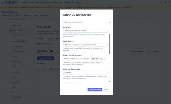 填写SonarQube SAML配置