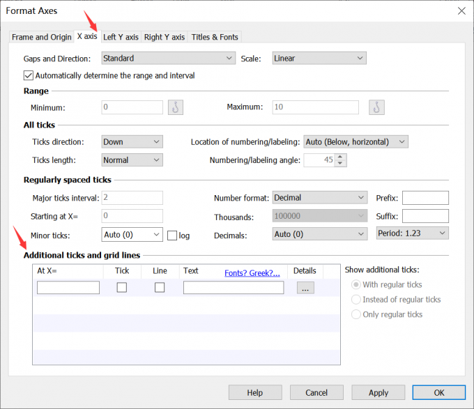 找到Additional ticks and grid lines选项
