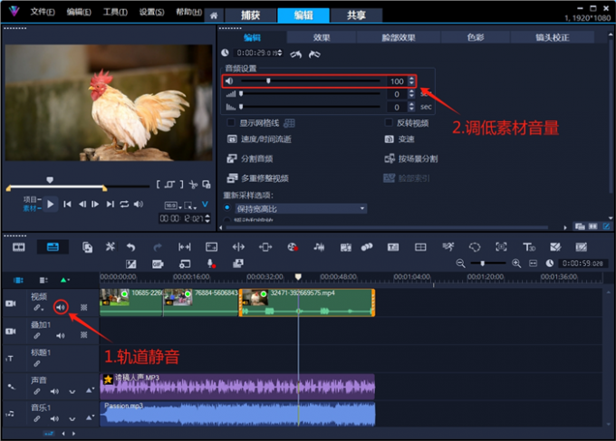 軌道靜音或調(diào)低素材音量