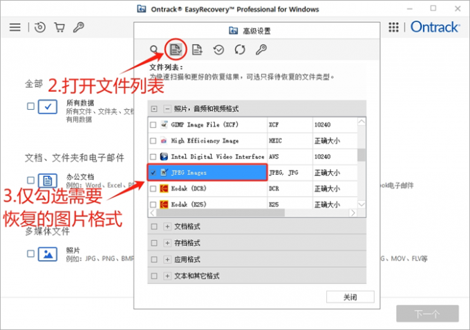 仅勾选需要恢复的文件格式