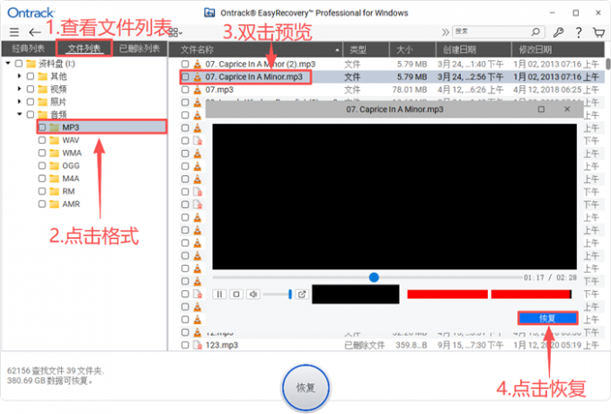 预览并恢复音频文件