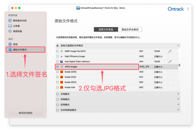 选择需要恢复的文件格式