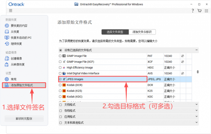 勾选具体的文件格式