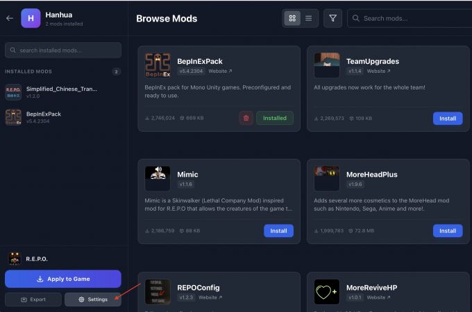点击Settings,准备定位Steam和《R.E.P.O》的位置