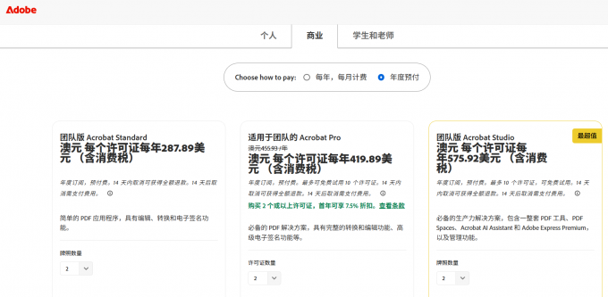 面对企业用户Adobe Acrobat的价格