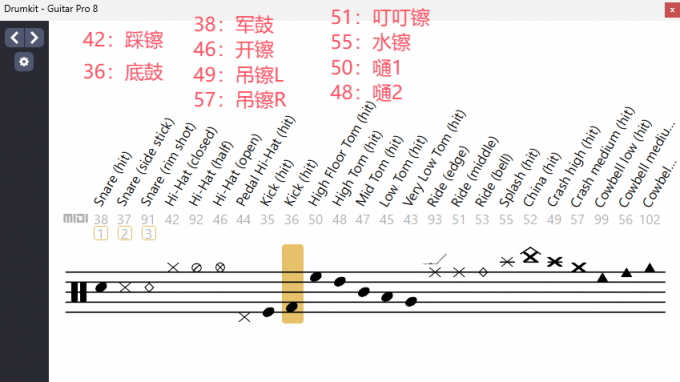 常见的鼓组音符对应MIDI