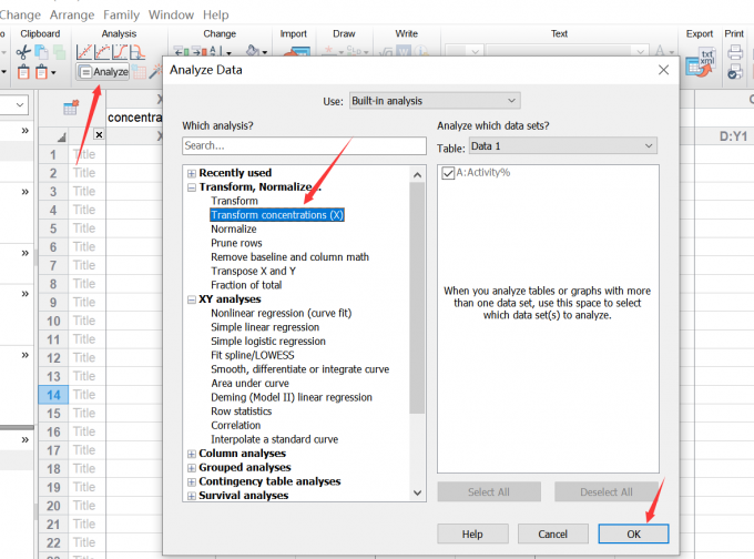 选择Transform concentrations (X)选项