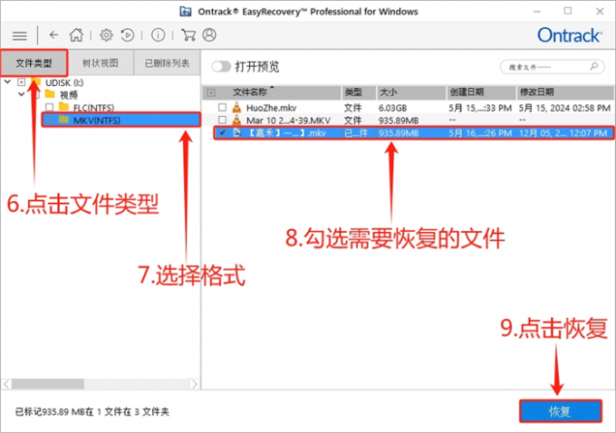 勾选U盘文件点击恢复