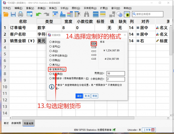 设置数据类型为定制货币