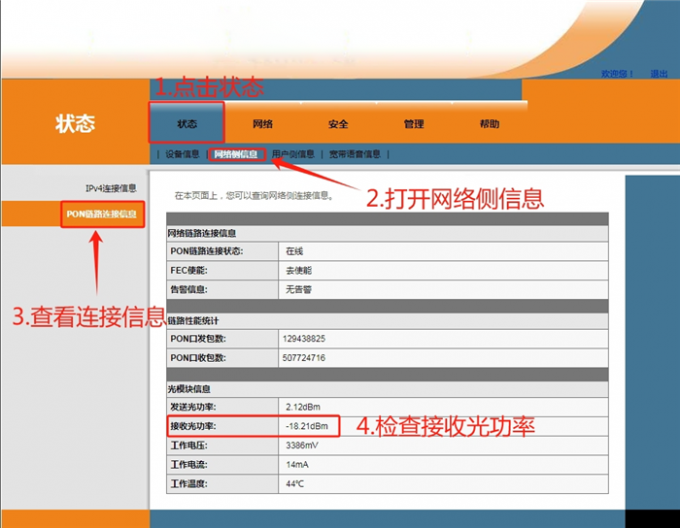 查看接收光功率数值