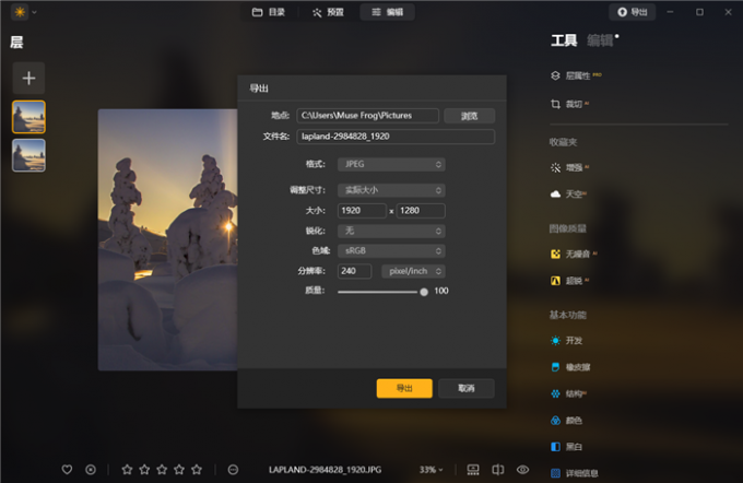 Luminar Neo作品导出界面