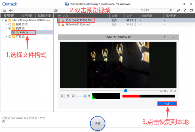 预览并恢复视频文件