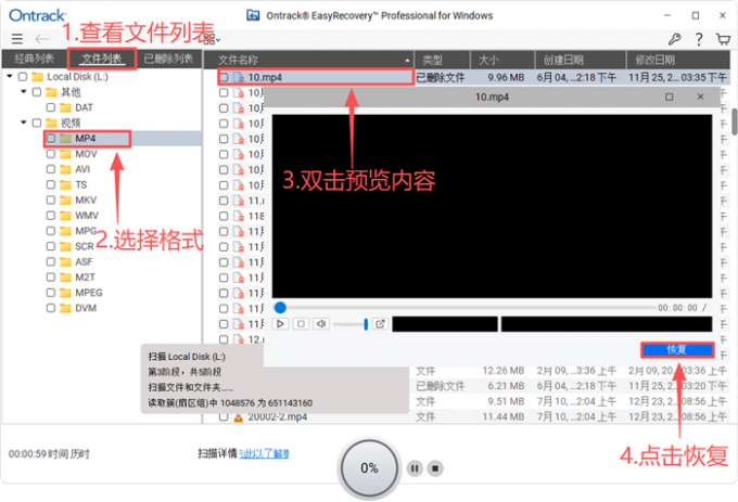 预览结果并恢复文件