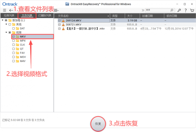恢复选中的视频文件