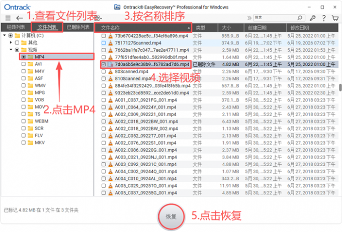 恢复所选的视频文件