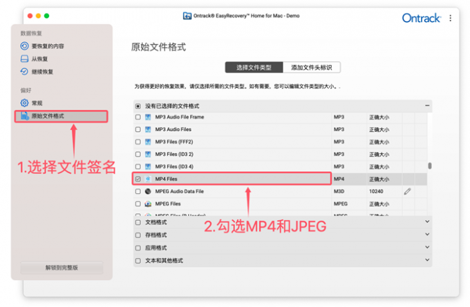 选择需要恢复的文件格式