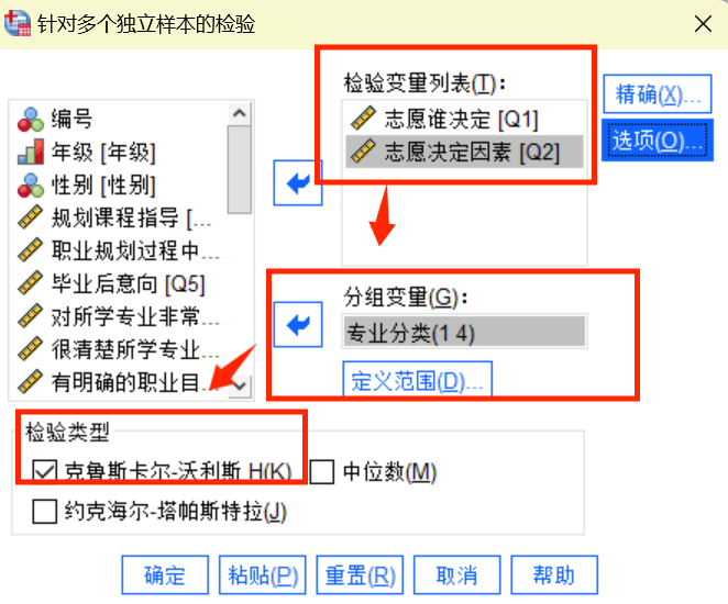 设置检验变量列表