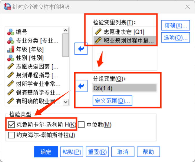 设置检验变量以及分组变量