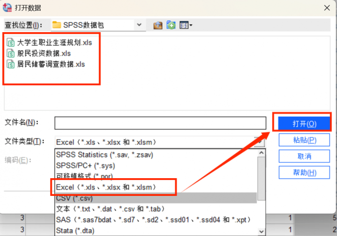 选择Excel文件类型并点击打开