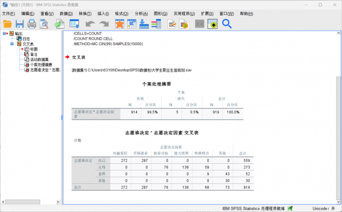 得到交叉表统计分析的结果