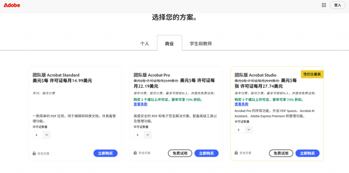 Adobe Sign商业版价格