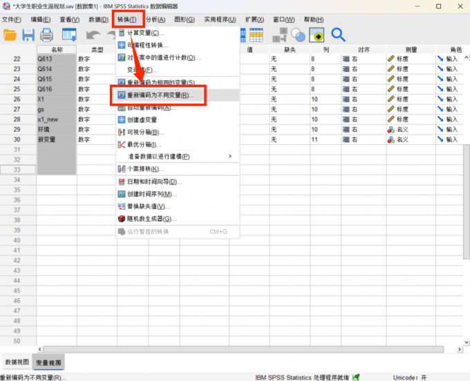 点击进入重新编码为不同变量选项