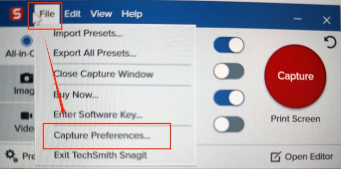 点击进入到Capture Preference界面中