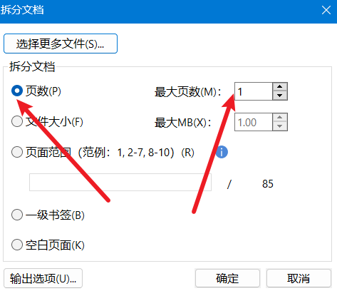拆分文档最大页数设置为1
