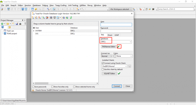 使用toad for oracle连接数据库