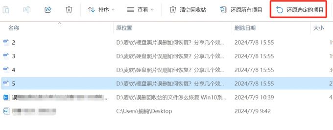 使用“还原选定的项目”功能恢复文件